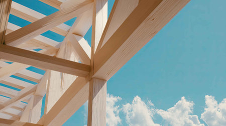 A striking view of a modern wooden architectural framework under a bright blue sky, showcasing the beauty of craftsmanship and design against a serene atmosphere.の素材