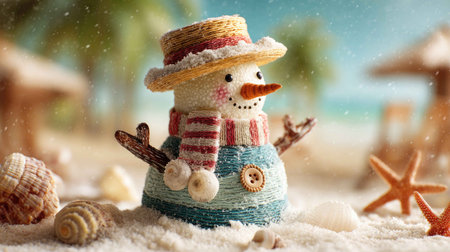 This charming handmade snowman stands on sandy beach, surrounded by seashells and a sunny backdrop, blending winter joy with coastal vibes in a creative way.の素材