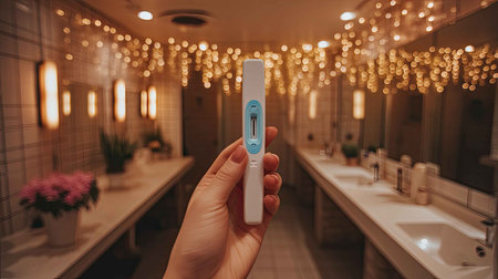 A serene bathroom scene featuring a hand holding a home pregnancy test, surrounded by warm lights and elegant decor. Ideal for wellness themes.の素材