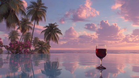 Enjoy a tranquil sunset over calm waters with a refreshing drink in hand, framed by lush palm trees. Ideal for relaxation and vacation imagery.の素材