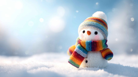 This charming snowman features a colorful scarf and hat, standing cheerfully in a snowy setting. Perfect for winter celebration and holiday themes.の素材