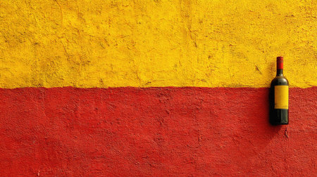 A striking image featuring a bottle of wine against a vivid red and yellow wall, perfect for themes of celebration, relaxation, and artistic decor.の素材