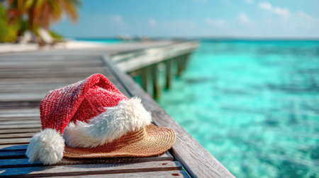 A festive Christmas hat rests on a wooden dock, overlooking a stunning tropical ocean. The vibrant colors of the water and sky create a serene backdrop for a holiday escape.の素材