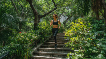 A young woman jogs down stairs enveloped in lush greenery, showcasing the joy of outdoor fitness. The scene exudes vitality, energy, and a connection to nature.の素材