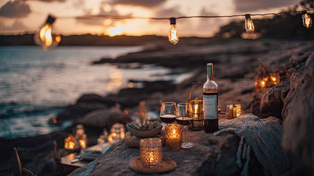 Enjoy a serene outdoor dining experience by the water at sunset, featuring romantic candle lights and a cozy atmosphere created by beautifully arranged decorations.の素材