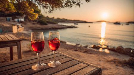 Enjoy a romantic evening as two glasses of red beverage sit on a wooden table by the beach at sunset, capturing the essence of relaxation and beauty.の素材