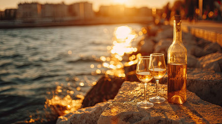 A beautiful sunset scene featuring wine glasses and a bottle by the water, creating a serene and romantic atmosphere perfect for enjoying special moments.の素材