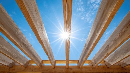 A captivating view of sunlight streaming through wooden beams against a clear blue sky, creating a striking interplay of light and shadow. Ideal for themes of construction, architecture, and nature.の素材