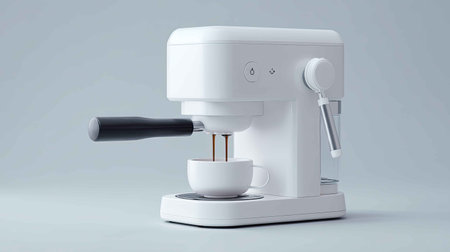 A sleek, modern white espresso machine brewing a rich cup of coffee. Perfect for home brewing enthusiasts seeking stylish kitchen equipment for their daily routine.の素材