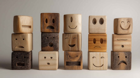 A creative arrangement of wooden blocks depicting various facial expressions, illustrating emotions such as joy, sadness, and surprise in a playful and artistic manner.の素材