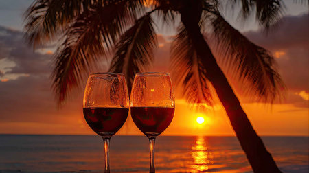 Two elegant wine glasses clink together against a stunning tropical sunset, surrounded by palm trees and a serene ocean view, perfect for romantic moments.の素材