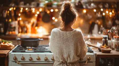 A warm kitchen scene featuring a woman cooking at a stove, creating an inviting atmosphere. Soft lighting enhances the cozy vibe, perfect for culinary inspiration.の素材