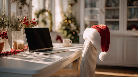 This cozy Christmas workspace features a laptop adorned with a Santa hat, surrounded by festive decor, creating a warm and inviting atmosphere perfect for holiday planning and creativity.の素材
