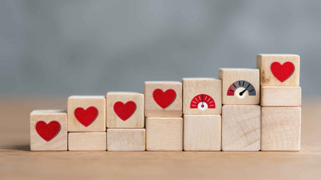 A creative arrangement of wooden blocks featuring heart symbols and a meter design, showcasing concepts of love, progress, and emotional values in a playful, visually pleasing way.の素材