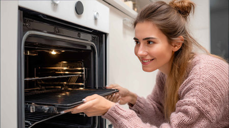A cheerful woman enjoys taking a baking tray out of a modern kitchen oven, embodying the joy of cooking. The warm kitchen atmosphere highlights her engaging experience.の素材