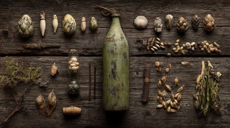 Intriguing vintage still life arrangement featuring natural elements and unique objects, perfect for artistic projects or nature-themed designs.の素材