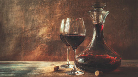 A beautifully styled scene showcasing a red wine decanter and two glasses set on a rustic wooden table, perfect for romantic dinners or elegant gatherings.の素材