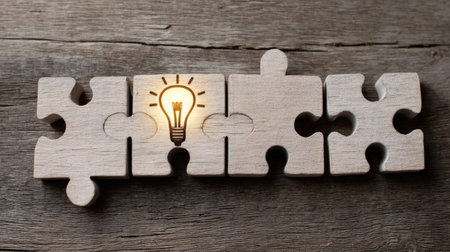 A composition of wooden puzzle pieces and a glowing light bulb, representing the concept of creative solutions and innovative thinking in business and design.の素材