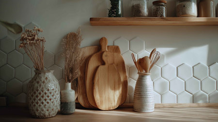 A cozy kitchen scene showcasing wooden cutting boards and dried plants on a shelf, with hexagonal tiles and warm natural light creating an inviting atmosphere.の素材