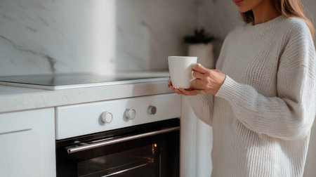 A serene moment showcasing a woman in a cozy cream sweater, holding a coffee cup in a modern kitchen. Perfect for warm and inviting lifestyle themes.の素材