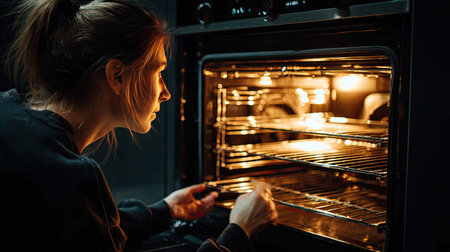 A woman gazes intently into a modern oven, the warm light illuminating her features as she engages in the art of cooking at home.の素材