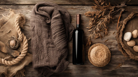 A cozy rustic arrangement featuring a wine bottle, knit sweater, and natural textures including wood and dried leaves, perfect for autumn-themed decor.の素材