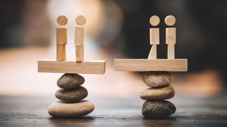 Artistic representation of balance using wooden figures and stones, illustrating themes of partnership and stability in life or business contexts.の素材