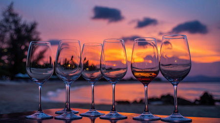 A captivating sunset at the beach with seven glasses in the foreground reflecting vibrant colors of the sky, creating a serene atmosphere, perfect for relaxation.の素材