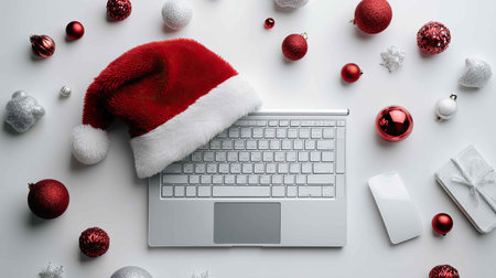 A modern laptop adorned with a Santa hat surrounded by vibrant Christmas ornaments, evoking a joyful and festive atmosphere, perfect for holiday themes.の素材