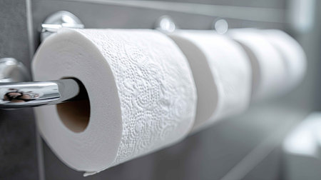 Close-up view of textured white toilet paper rolls elegantly displayed on a modern bathroom rack, emphasizing hygiene and cleanliness in daily life.の素材
