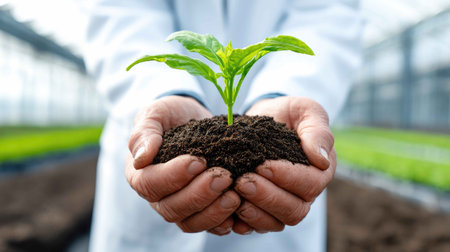 Hands cradle rich soil containing a young plant, symbolizing growth and care in a greenhouse environment. This image captures the essence of nurturing nature.の素材