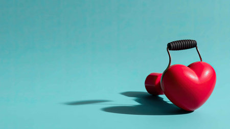 A vibrant heart-shaped dumbbell rests on a blue background, symbolizing fitness and health. This unique image conveys passion for exercise and well-being.の素材