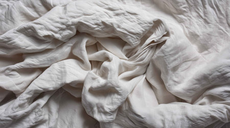 A soft, textured white linen fabric displays gentle folds and creases, creating a serene and elegant look ideal for home decor, fashion, and textile design.の素材