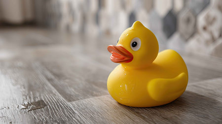 A vibrant yellow rubber duck toy rests on a wooden floor, capturing a playful and cheerful atmosphere. Perfect for concepts of childhood and leisure.の素材