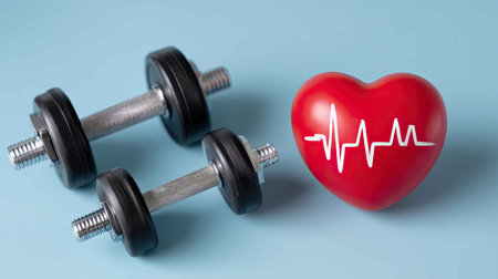 A vibrant image featuring hand weights and a red heart symbol with a pulse line, emphasizing fitness and healthy lifestyle choices on a blue background.の素材