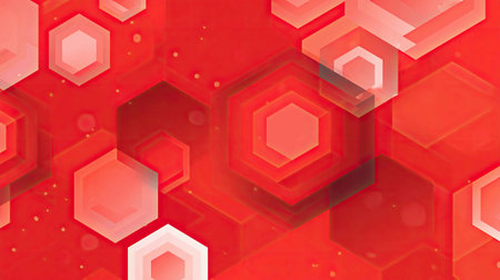 Vivid abstract background featuring layered hexagonal shapes in striking red tones. Perfect for creative projects, digital designs, and modern artwork themes.の素材