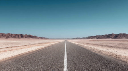 An expansive view of a deserted road leading to the horizon in a vast desert landscape. This image captures the essence of adventure and exploration in nature.の素材