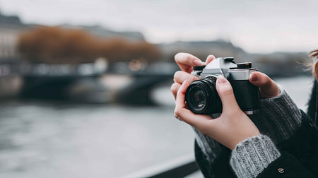 A woman holds a camera near a river in Paris on a cloudy day. This image captures the essence of urban exploration and photography, showcasing leisure and creativity.の素材