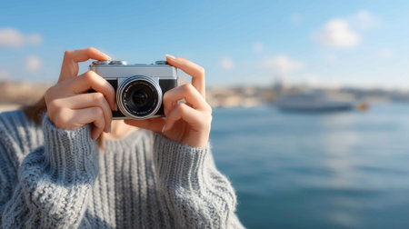 A young woman holds a camera against a scenic water backdrop, embodying the joy of photography and adventure. Perfect for travel and lifestyle themes.の素材