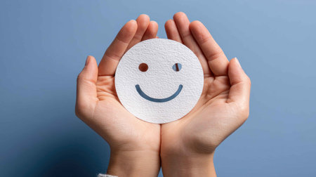 Hands gently cradle a paper cutout of a smiling face against a serene blue background, symbolizing joy and positivity in a creative and minimalistic way.の素材