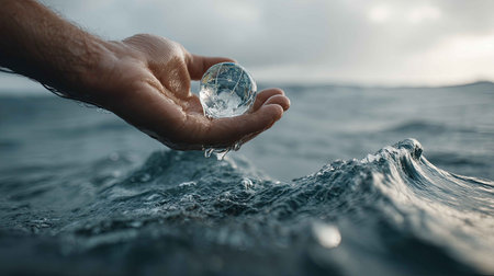 A hand gently holds a transparent globe above the ocean's surface, symbolizing global awareness and the beauty of the natural environment amid serene water.の素材