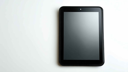 A sleek black tablet device rests on a clean white background, ideal for technology and design concepts. Perfect for displaying apps or digital content.の素材