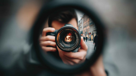 A photographer captures a vibrant urban scene through their camera lens. The reflection highlights the artistry and technique involved in photography.の素材