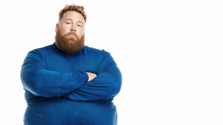 Portrait of a confident man with a beard wearing a blue sweater, posing in a studio. His relaxed posture and serious expression convey self-assurance and style.の素材