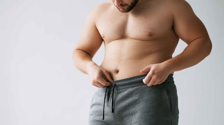 A confident man stands adjusting his athletic pants, showcasing a focus on fitness and self-image. The neutral background emphasizes his physique and casual style.の素材