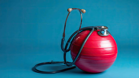 A vibrant red exercise ball paired with a stethoscope symbolizes the fusion of fitness and health. Perfect for wellness-themed projects, enhancing creative designs.の素材