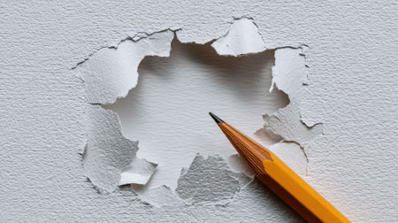 A detailed view of a torn paper texture featuring a sharp pencil placed near the edge of the hole, ideal for creative designs and backgrounds.の素材