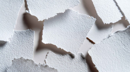 A close-up image showcasing various pieces of torn white paper with a textured surface. Ideal for creative projects and design inspiration.の素材