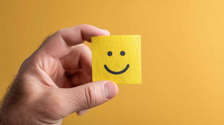 A hand holds a yellow sticky note featuring a smiley face against an orange background, symbolizing happiness and positivity in work and life.の素材
