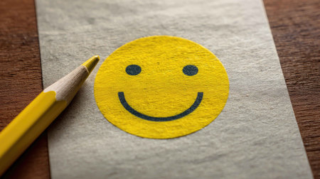 A vibrant yellow smiley face illustration accompanied by a yellow pencil against a wooden background, representing joy, creativity, and positive emotions. Ideal for art and design themes.の素材